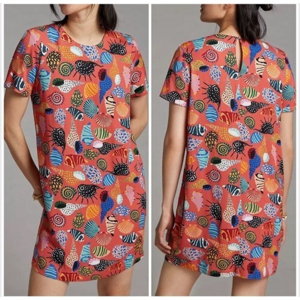 Anthropologie Corey Lynn Calter Seashell Mini Dress Coral XS Colorful‎ Whimsy